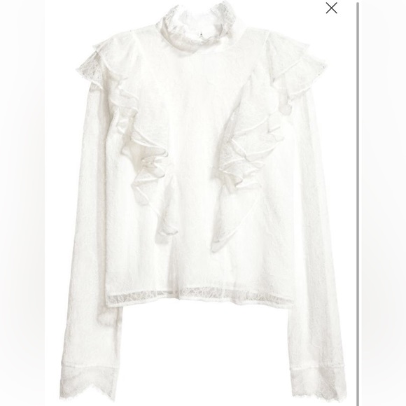 H&M Ruffle and Lace Long Sleeve Off-White Blouse Size 4 - Picture 3 of 10